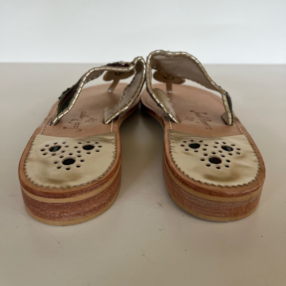 Jack Rogers 1960 Handmade Leather Green Tartan Gold Trim Plaid Flat Sandals, 9M - Picture 3 of 8